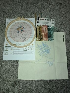 Floral Face Embroidery Kit with Hoop and Multi-Colored Threads